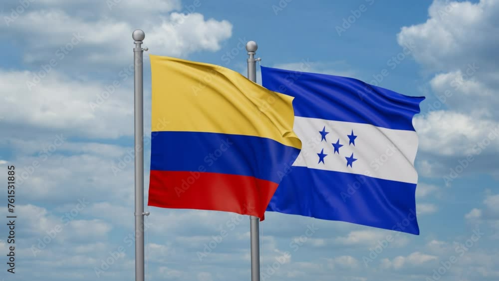 Honduras and Colombia two flags waving together, looped video, two country relations concept Honduras and Colombia two flags waving together, looped video, two country relations concept