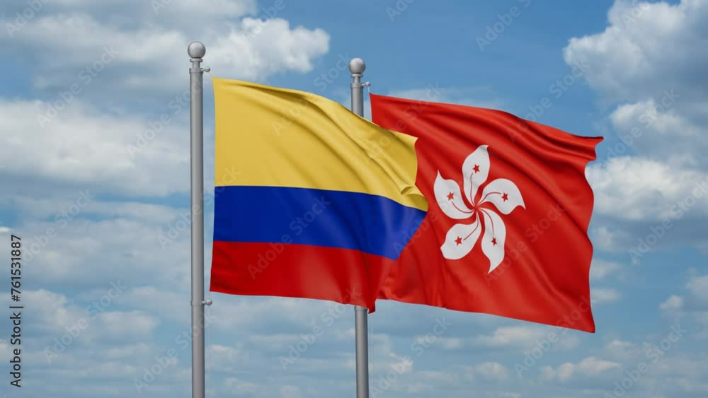 Hong Kong and Colombia two flags waving together, looped video, two country relations concept Hong Kong and Colombia two flags waving together, looped video, two country relations concept