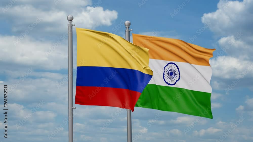 India and Colombia two flags waving together, looped video, two country relations concept