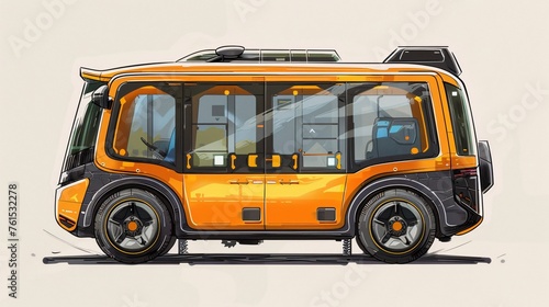 a hand-painted, beautiful intelligent campus mini bus, featuring solar charging. Include a detailed three-view drawing analysis, presented in black and white line drawing, single line style photo