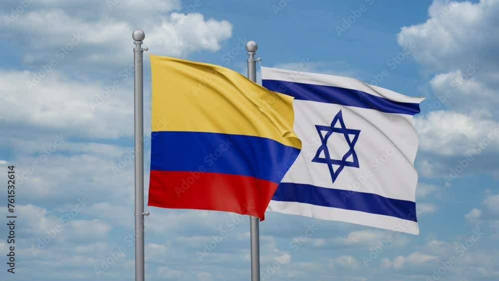 Israel and Colombia two flags waving together, looped video, two country relations concept Israel and Colombia two flags waving together, looped video, two country relations concept