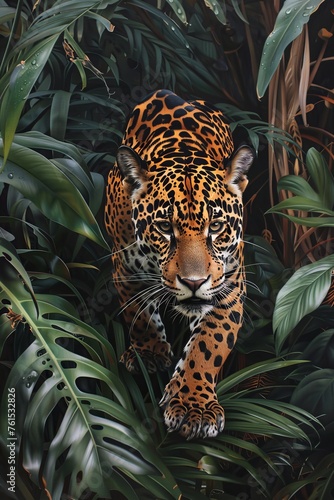 An elusive jaguar prowling through dense foliage