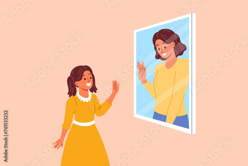 Mental connection between generations, in form of little girl looking in mirror and seeing mother saying hi. Schoolgirl dreams of becoming adult and sees herself in future, after change of generations