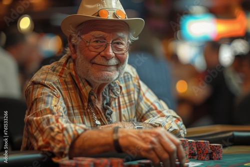 Happy senior man in hat playing poker at table in a high-stakes casino tournament. Gambling, entertainment and fun activities in retirement age