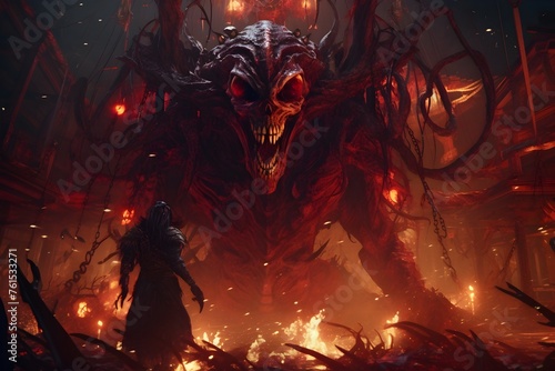 Evil Red Demon Lord Jcontrol in a Hellish Underground Lair  Cinematic Engine Art