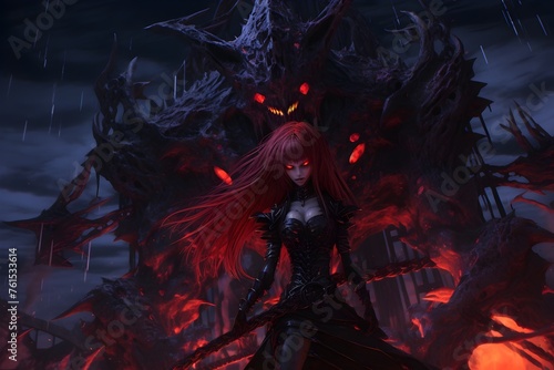 Defiant Redhead Woman Confronts Towering Demon in Cinematic Dark Fantasy