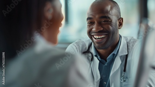 Smiling doctor discussing health concerns via telemedicine.