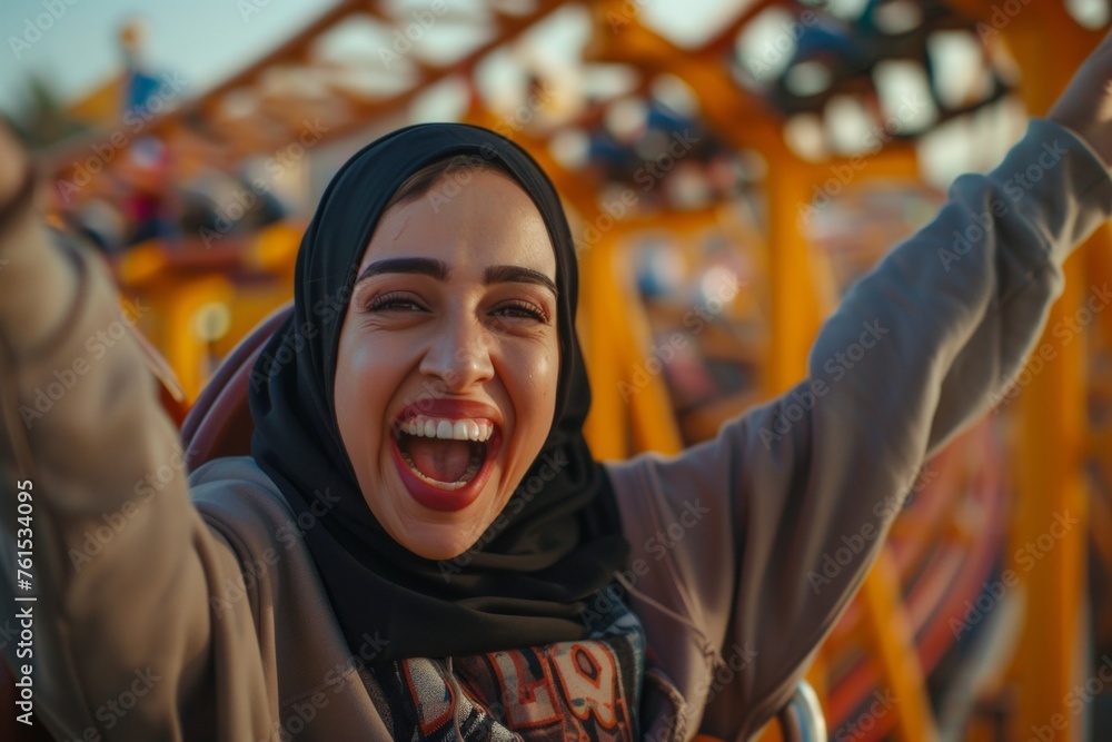 Young arabic woman with hijab excited on a Roller Coaster in a theme park Young arabic woman with hijab excited on a Roller Coaster in a theme park