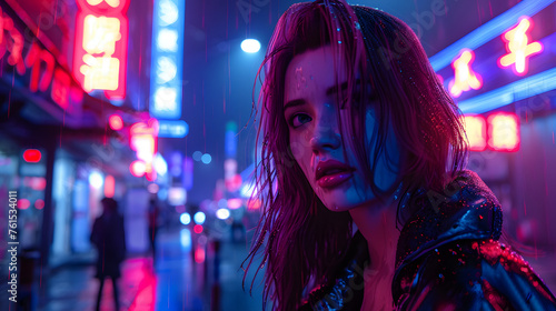 Evocative digital portrait of a woman in the rain, with striking neon sign reflections creating a deep, cinematic ambiance