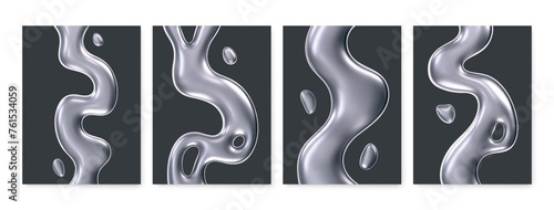 3D poster set with chrome liquid waves isolated on dark background. Render of collection fluid metal ribbon backgrounds with reflection effect flying in motion. 3d vector cyber chromemorphism poster © janevasileva