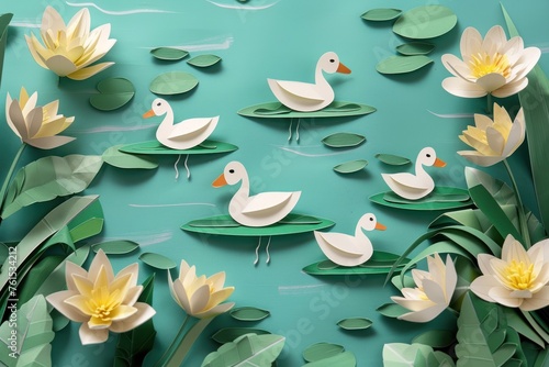 Papercraft art stock image of a serene paper lake scene ducks and water lilies