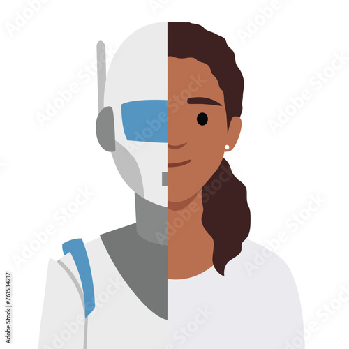 Profile portrait picture face of half robot half human. Woman cyborg. Flat vector illustration isolated on white background