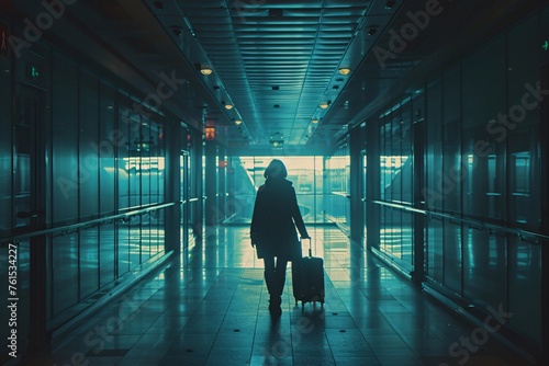 A person with a suitcase walking down the corridor, viewed from behind as they head towards the plane, ready to board.