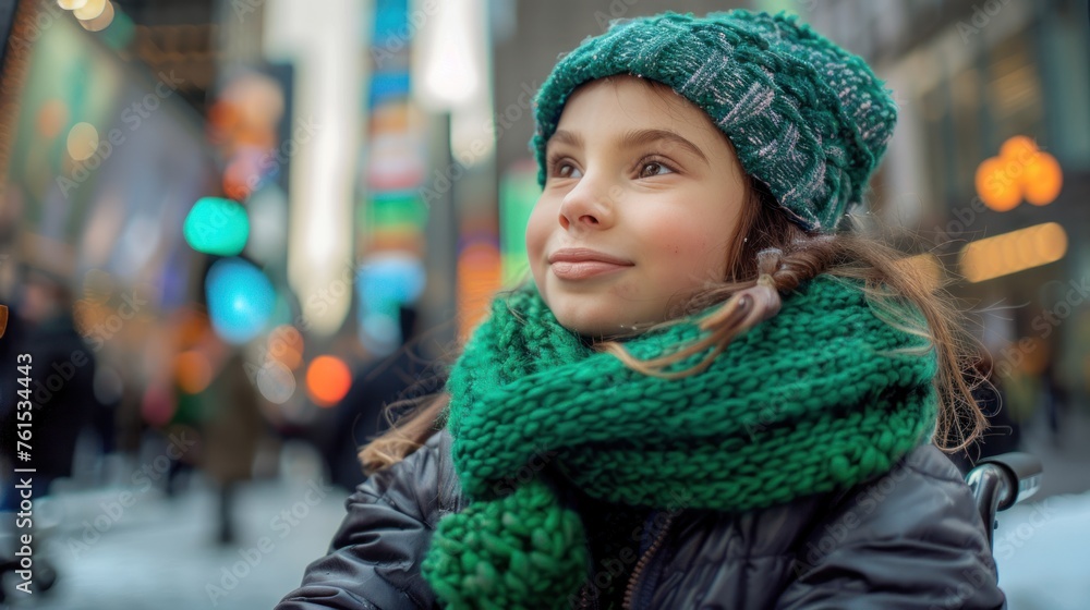 A girl in a wheelchair wearing a green scarf on the street watches the parade. A girl in a wheelchair wearing a green scarf on the street watches the parade.