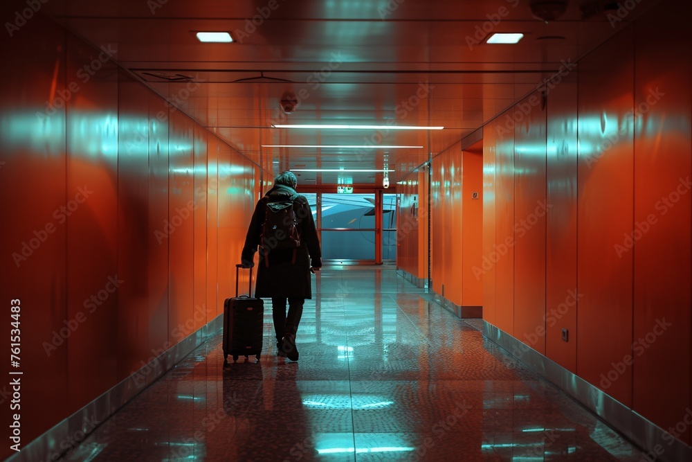 A person with a suitcase walking down the corridor, viewed from behind as they head towards the plane, ready to board. A person with a suitcase walking down the corridor, viewed from behind as they head towards the plane, ready to board.