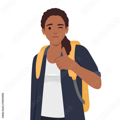 Young traveler woman giving thumb up. Full length of smiling traveler woman. Flat vector illustration isolated on white background