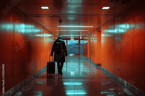 A person with a suitcase walking down the corridor, viewed from behind as they head towards the plane, ready to board.