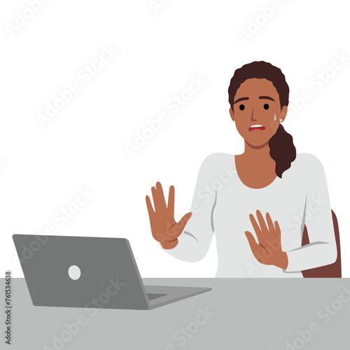 Woman making no hand sign or x symbol, expressing negative feeling, rejection, displeased. Flat vector illustration isolated on white background