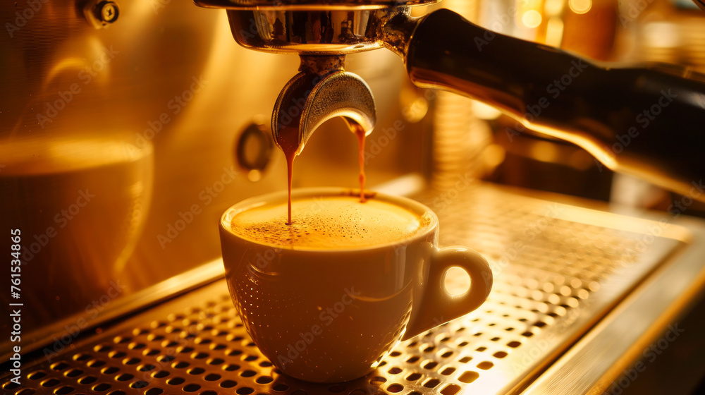 Close-up of espresso being brewed into white ceramic cup, warm tones accentuating fresh coffee aroma and machine details - obrazy, fototapety, plakaty 