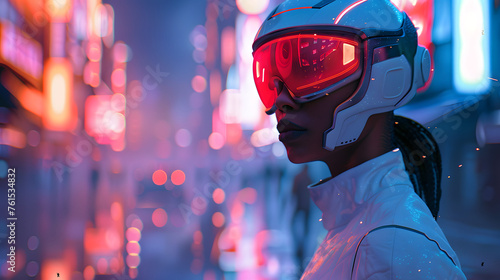 Digital age pulses through the image with a person in a high-tech helmet, in a neon-infused urban environment