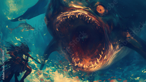 big scary sea monster from the dark sea, 2d illustration