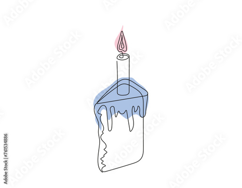 Continuous one line drawing of Easter Kulich cake with lit candle. Slice of Birthday cupcake. Colored vector isolated on white background. Design element for print, greeting, scrapbooking, invitation