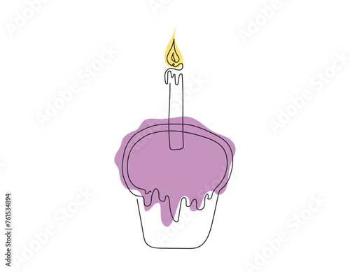 Continuous one line drawing of Easter Kulich cake with a lit candle. Colored Easter cupcake. Birthday cake. Vector isolated on white backdrop. Design element for greeting, invitation, print