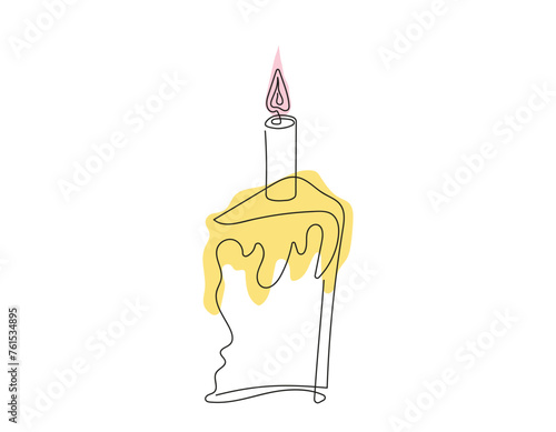 Continuous one line drawing of Easter Kulich cake with lit candle. Slice of Birthday cupcake. Colored vector isolated on white. Design element for print, greeting, scrapbooking, invitation