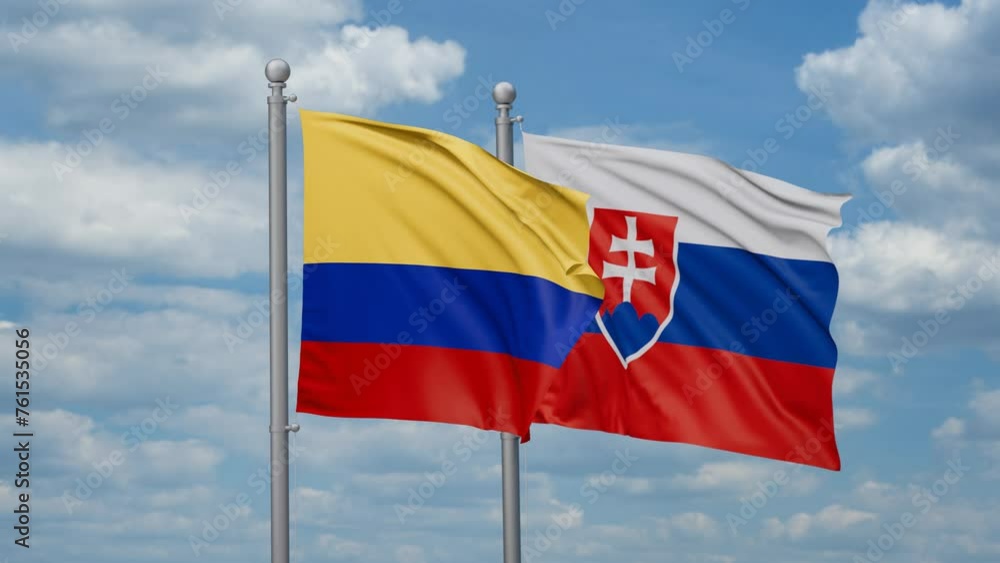 Slovak Republic or Slovakia and Colombia two flags waving together, looped video, two country cooperation concept Slovak Republic or Slovakia and Colombia two flags waving together, looped video, two country cooperation concept