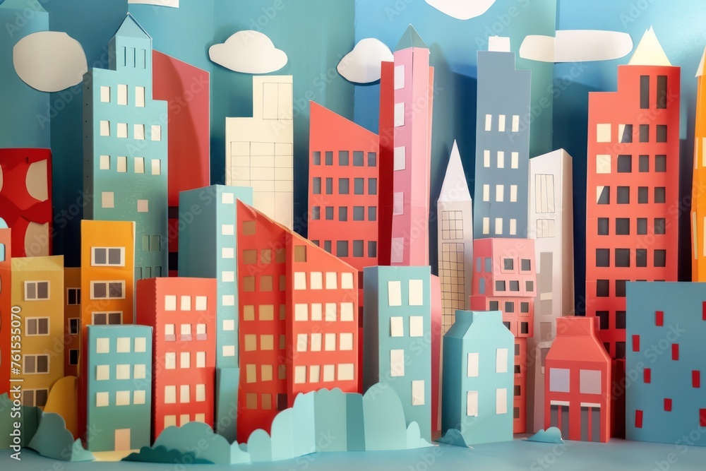 Fototapeta premium Papercraft art stock image of a paper art deco cityscape geometric shapes and bold colors