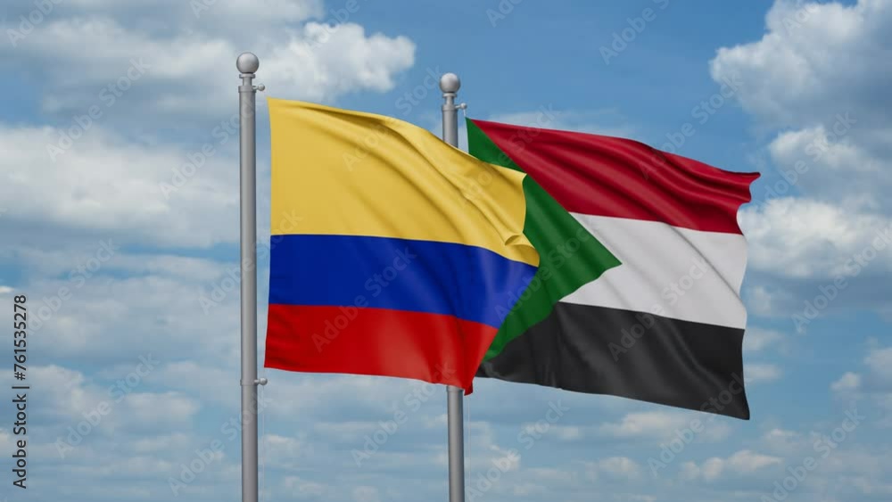 Sudan and Colombia two flags waving together, looped video, two country cooperation concept Sudan and Colombia two flags waving together, looped video, two country cooperation concept