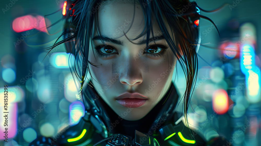 Intense portrait of a woman with a cybernetic suit in a neon-lit futuristic cityscape, conveying deep emotion Intense portrait of a woman with a cybernetic suit in a neon-lit futuristic cityscape, conveying deep emotion