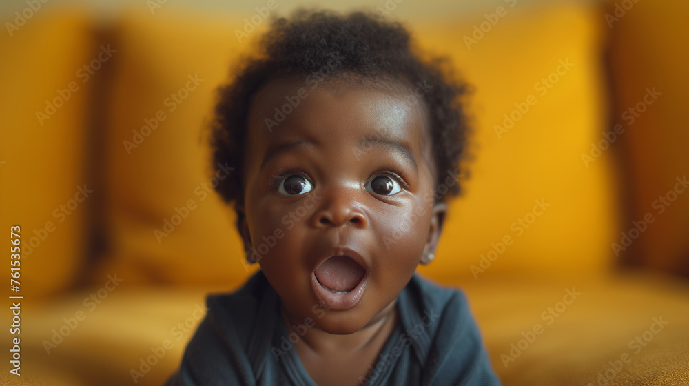 Black baby with mouth open shows surprise. Selective focus. Copy space. Yellow house background Black baby with mouth open shows surprise. Selective focus. Copy space. Yellow house background