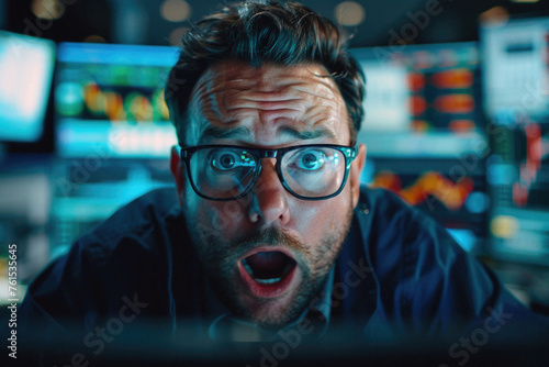 Shocked business man stock trading market investor broker, businessman trader feeling terrified looking at unbelievable financial charts. Money loss, stock market fall, economic recession bankruptcy. © Synthetica