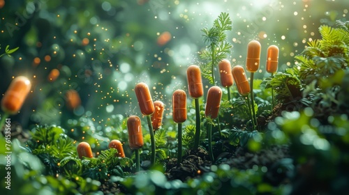 Conceptual art piece depicting the fusion of vegetables and vitamin capsules growing on a magical plant with a fairy-tale like background