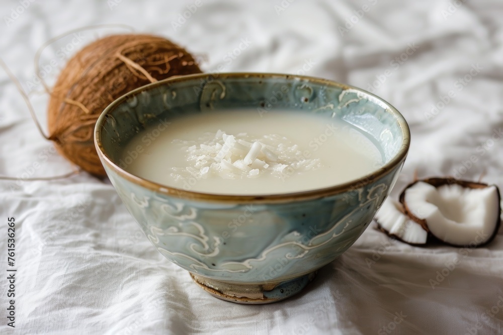 Deliciously creamy coconut milk fills a glass to the brim Deliciously creamy coconut milk fills a glass to the brim