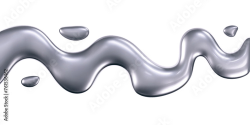 3d chrome liquid wave with drops isolated. Render of fluid metal ribbon with reflection gradient effect flying in motion concept for poster, cover. 3d vector geometric background