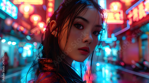 A striking image of an Asian woman with glossy wet hair amidst a neon-lit city environment