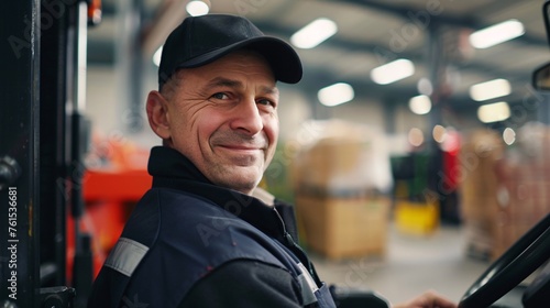 Happy forklift driver smiling at camera in the warehouse background, AI Generative