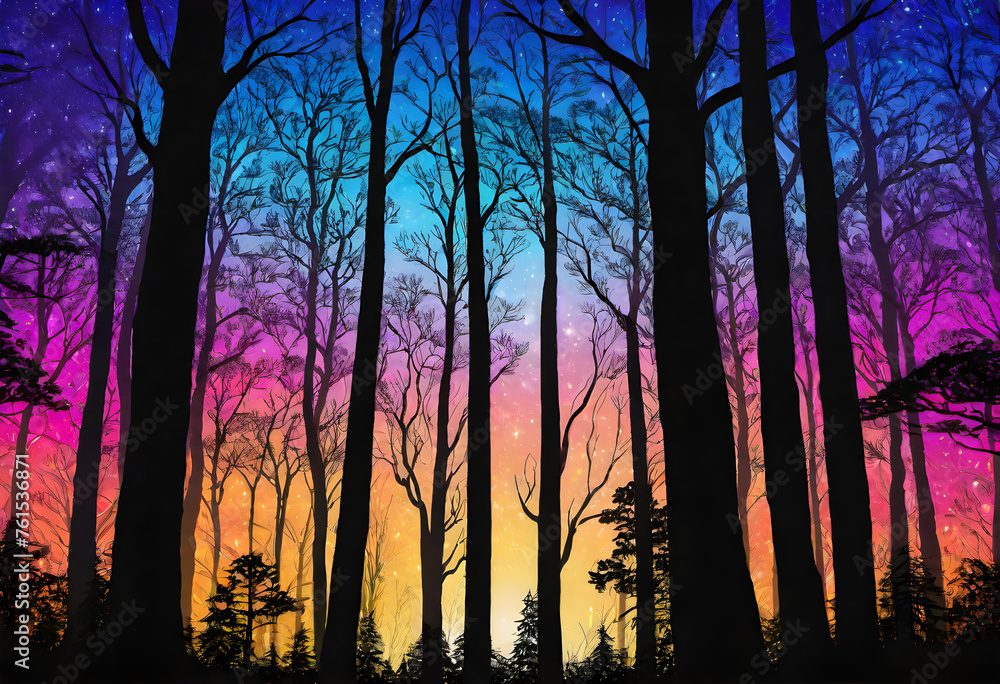 Naklejka premium Silhouette Forest Background, Silhouette, Forest, Trees, Woods, Landscape, Nature, Dark, Shadow, Outline, Backdrop, AI Generated