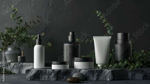 Elegant black and white beauty product packaging on textured stone surface with minimalistic vibe