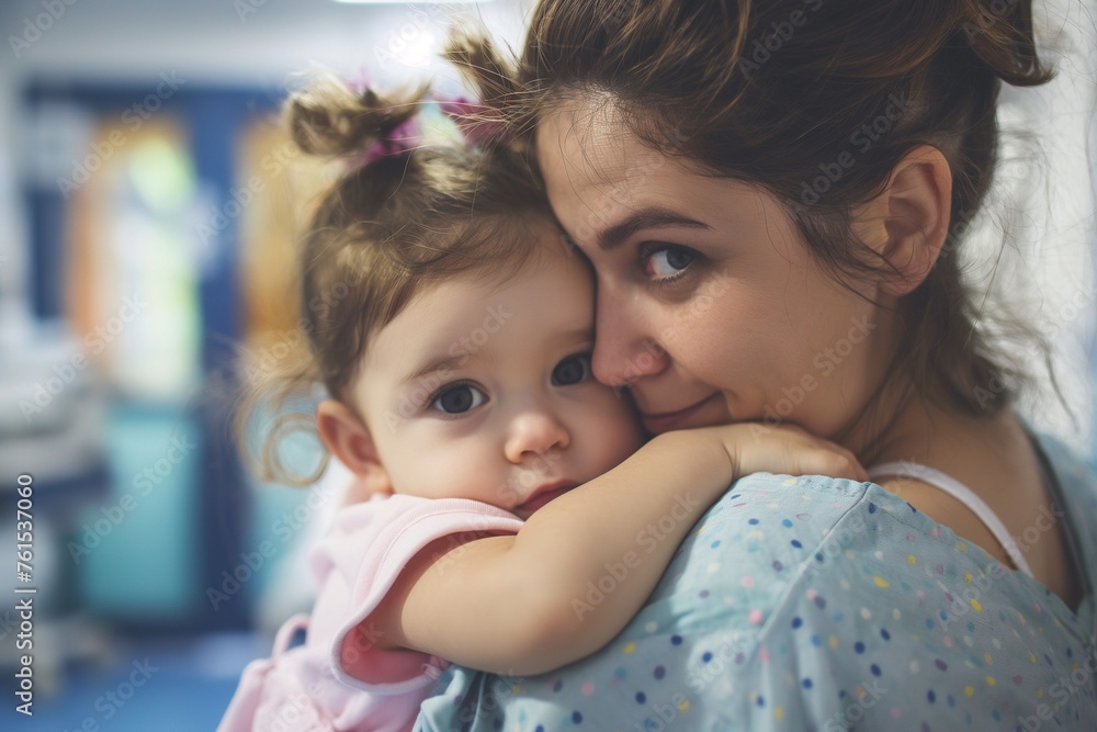 Mother consoles her baby daughter at the hospital, hugs her mother with love in the hospital Mother consoles her baby daughter at the hospital, hugs her mother with love in the hospital