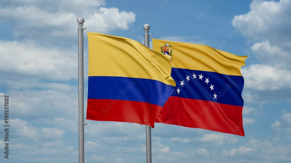 Venezuela and Colombia two flags waving together, looped video Venezuela and Colombia two flags waving together, looped video
