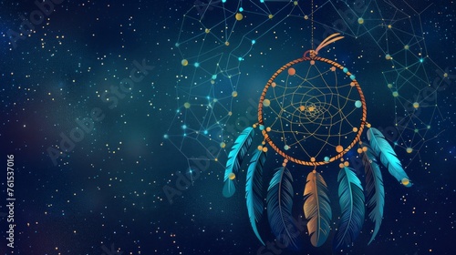 Dream Catcher with Feathers and Starry Night Background