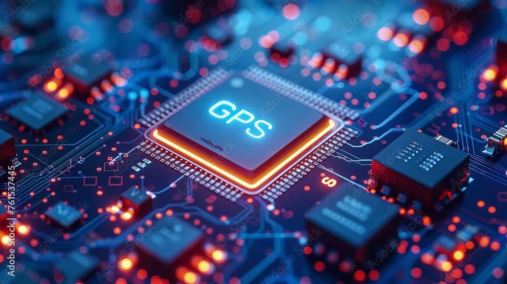 A close-up view with the acronym GPS displayed on a microchip, representing the concept of Global Positioning System.
 - obrazy, fototapety, plakaty 