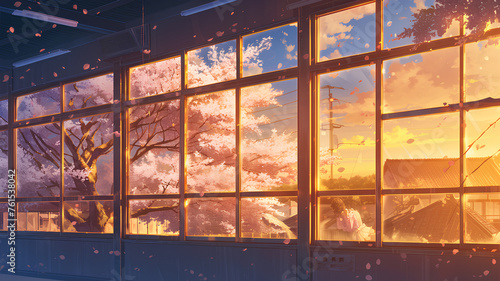 Japanese school glass windows and the tip of a shady tree, anime style background photo