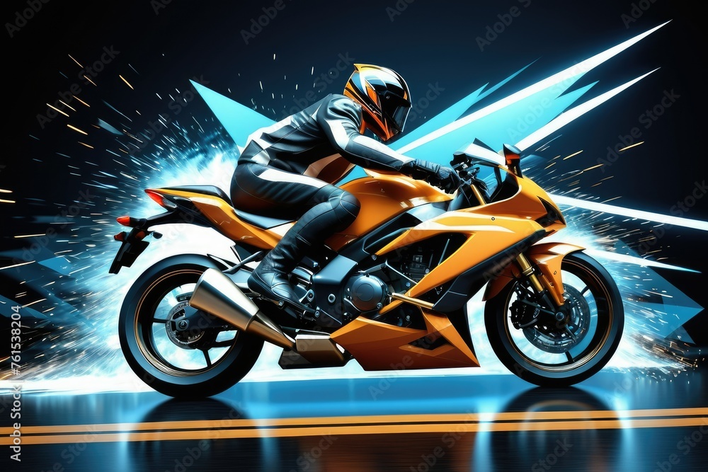 3D render of a motorcycle blazing through a background of sharp geometric three-dimensional triangles, speed lines creating motion blur, contrasting colors of the bike