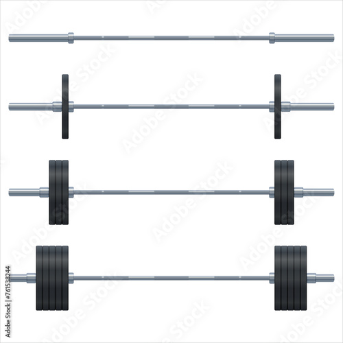 Set of barbells with different weights. Weight lifting equipment by steel material with chrome color. Vector illustration in realistic style isolated on white. Bodybuilding, gym, crossfit, workout. 