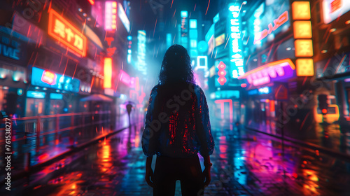 A person stands in the rain, surrounded by vibrant neon signs and reflections on the wet city streets