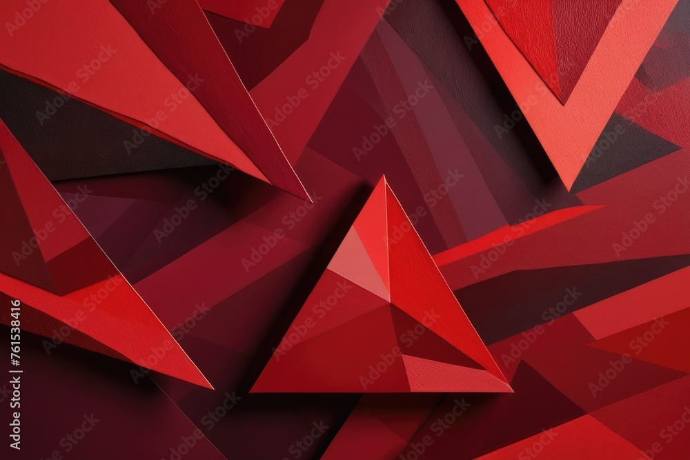 Abstract painting, vibrant crimson background, overlapping triangles in various hues of red, casting soft shadows, texture visible under a glossy finish, dramatic lighting, highly detailed, ultra-fine - obrazy, fototapety, plakaty 